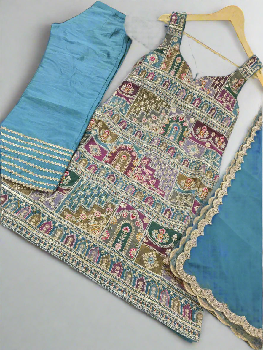 Vibrant Elegance: Ready-Made Embroidered Straight Pant Suit