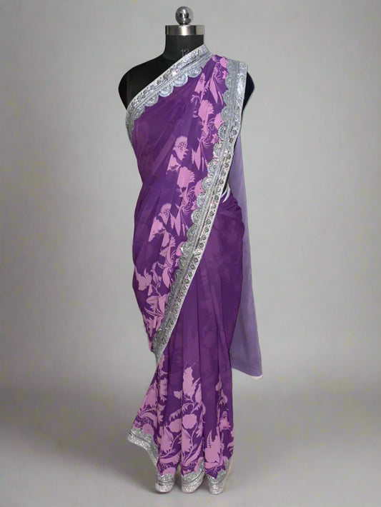 Rich Purple Georgette Saree with Silver Embroidered Boarders