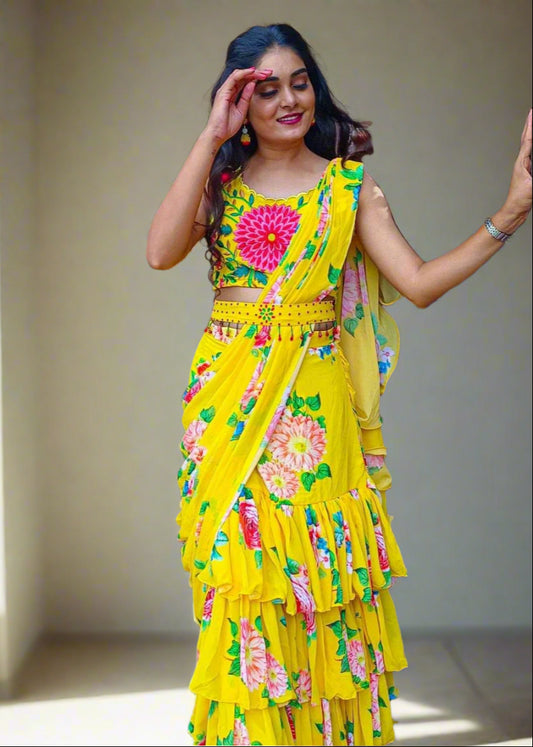 Bright Floral Ruffle Saree (Ready-Made)