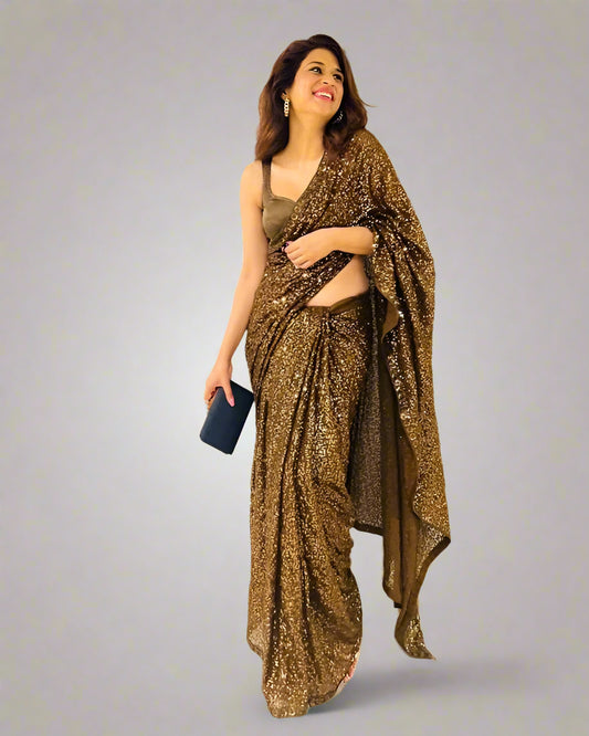 Heavy Sequined Embroidery Chocolate Brown Saree