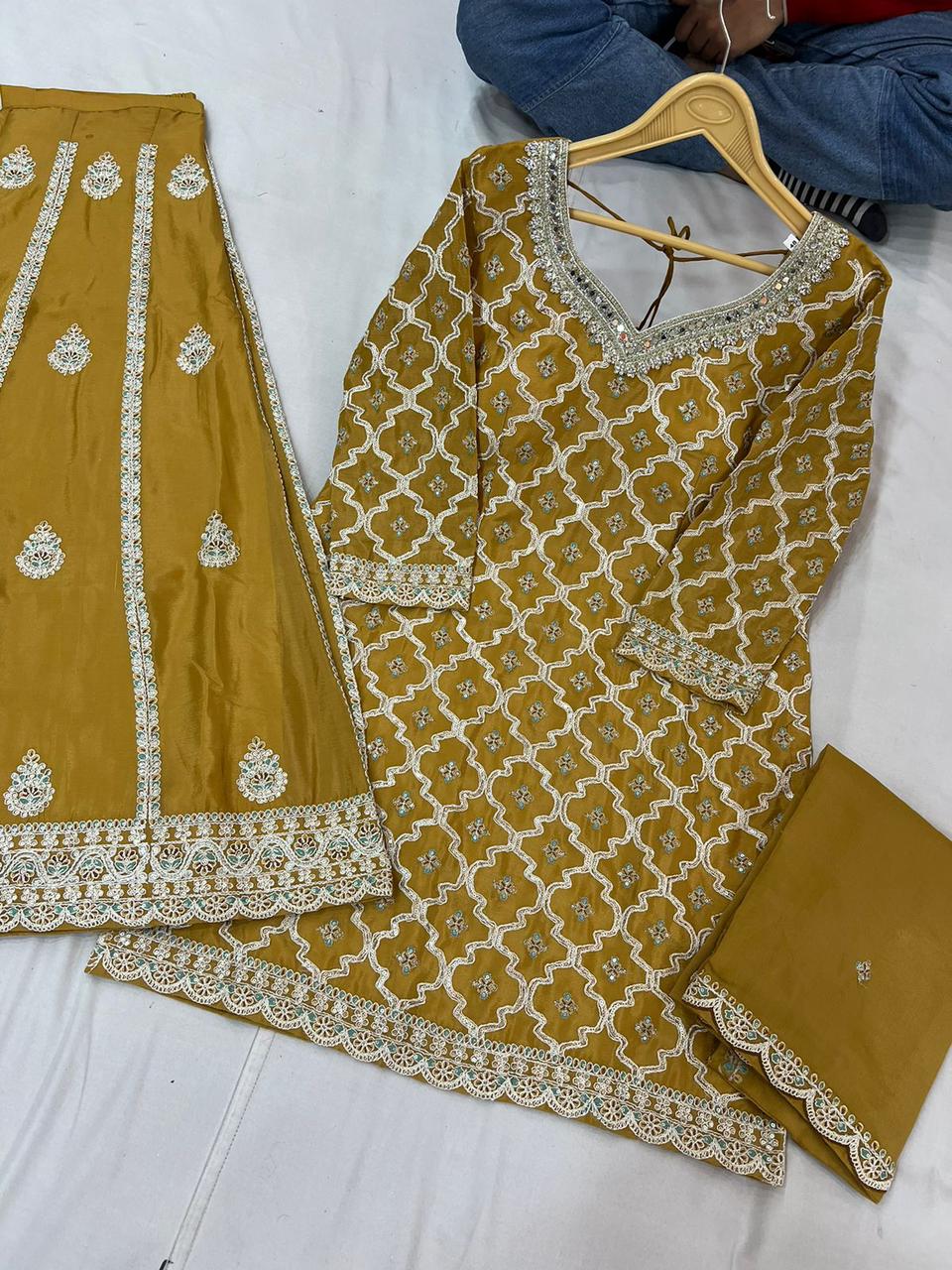 Chinon Palazzo Set with Intricate Lattice Embroidery