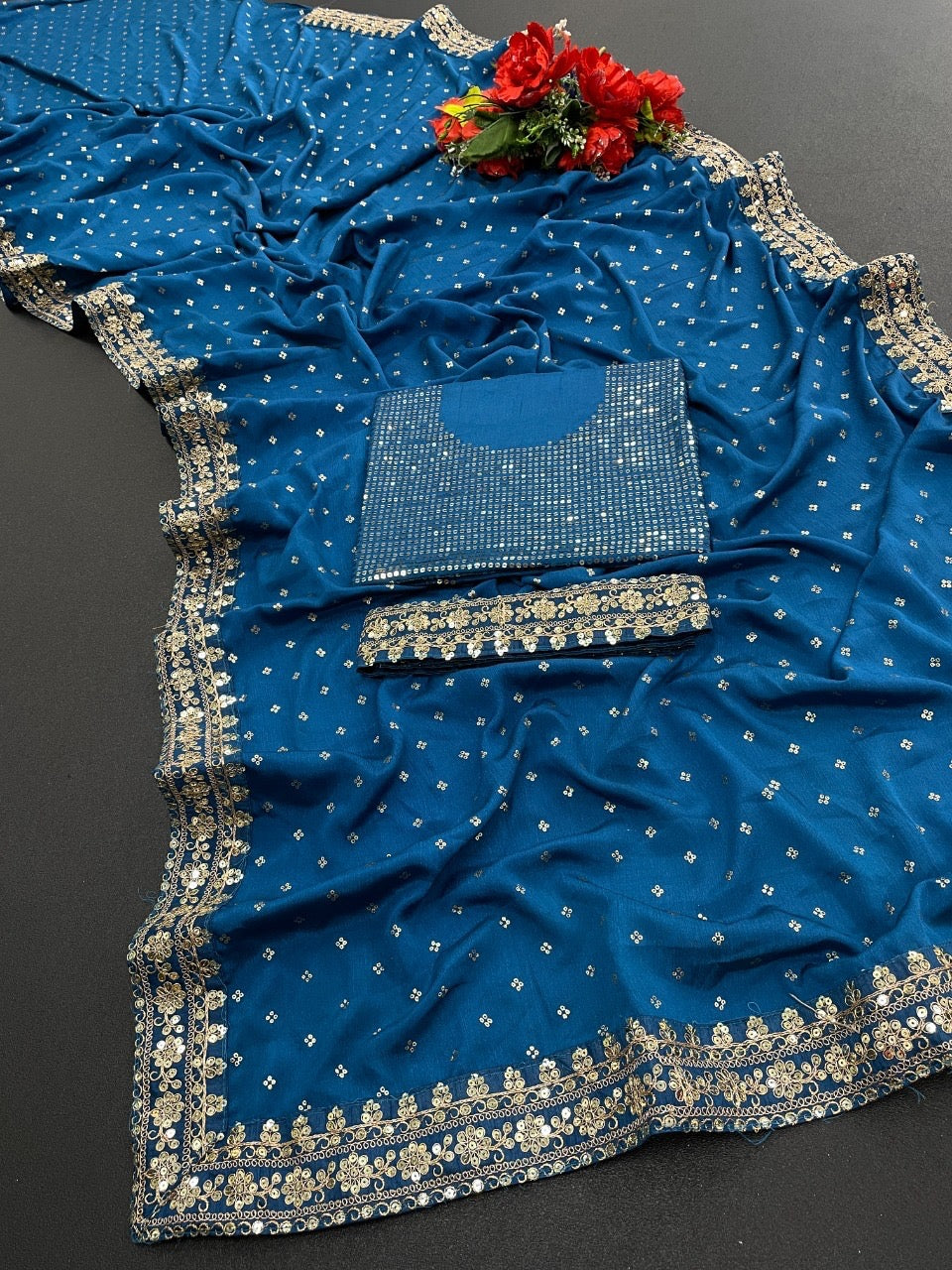 Zomato Silk Saree with Gold Embroidery & Sequins