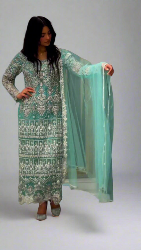 Exquisite Embroidered Long Kurti Set with Butter Silk Pants & Dupatta