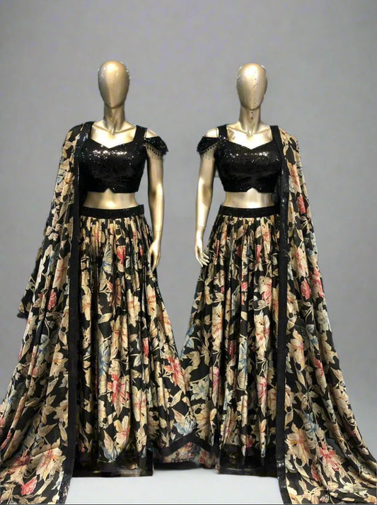 Black Floral Georgette Lehenga with Sequined Choli & Drop-Shoulder Sleeves