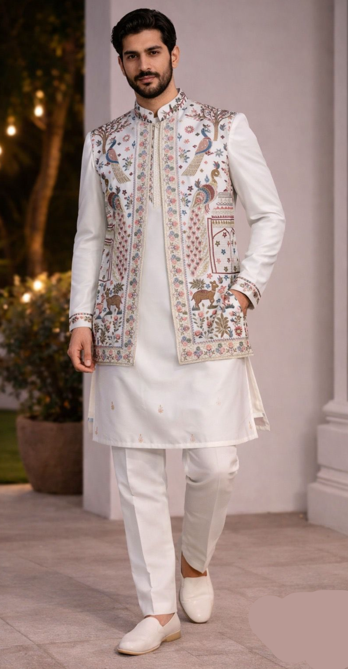 Men’s 3-Piece Malai Satin Kurta Set White