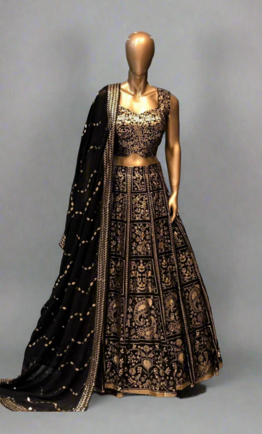 Black and Gold Embroidered Lehenga Set