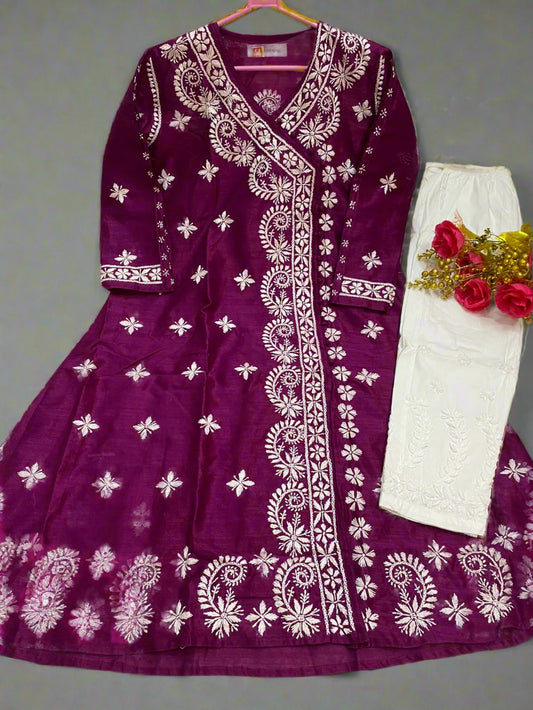 Chanderi Silk Angarkha Set with Chikankari Handwork