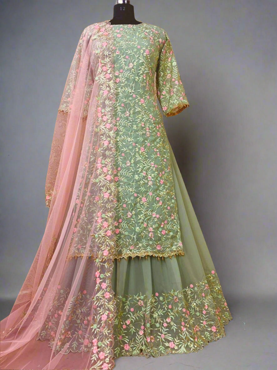 Floral Embroidered Lightweight Lehenga Set-Semi Stitched