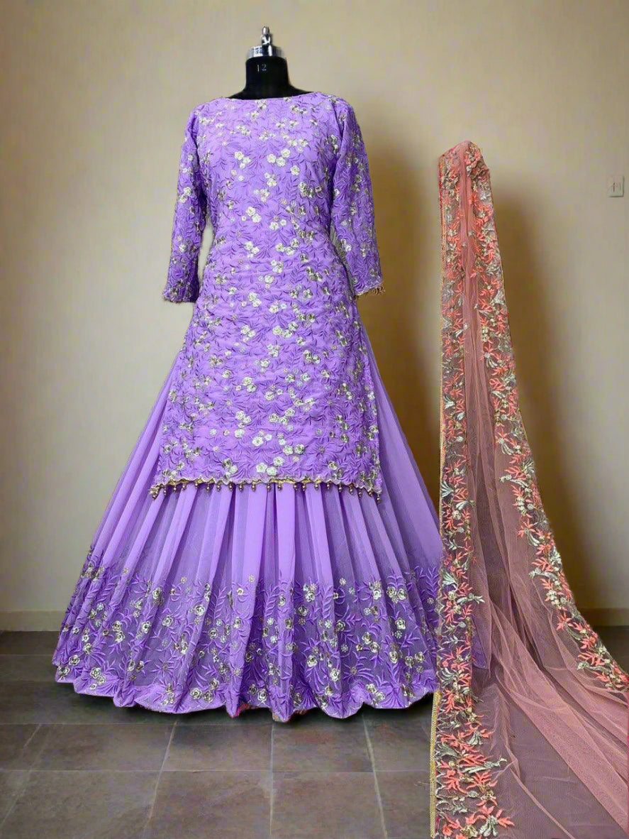 Floral Embroidered Lightweight Lehenga Set-Semi Stitched