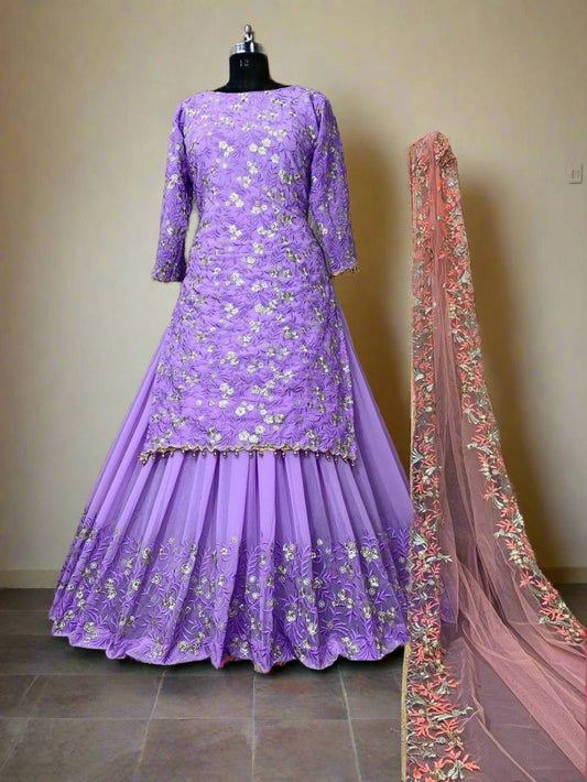 Floral Embroidered Lightweight Lehenga Set-Semi Stitched