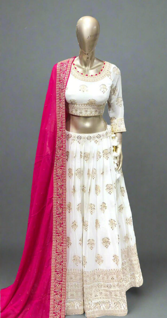 White Georgette Lehenga with Hot Pink Contrast Dupatta