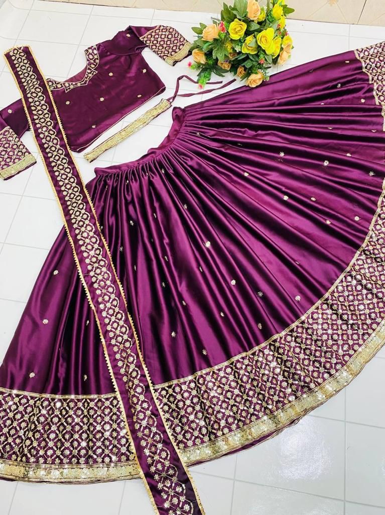 Malay Satin Silk Lehenga Set with Sequin Embroidery