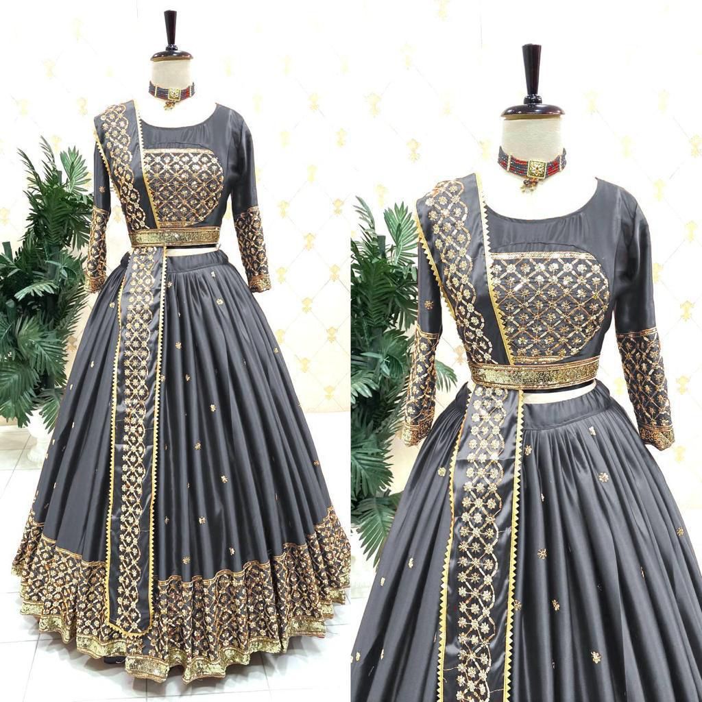 Malay Satin Silk Lehenga Set with Sequin Embroidery