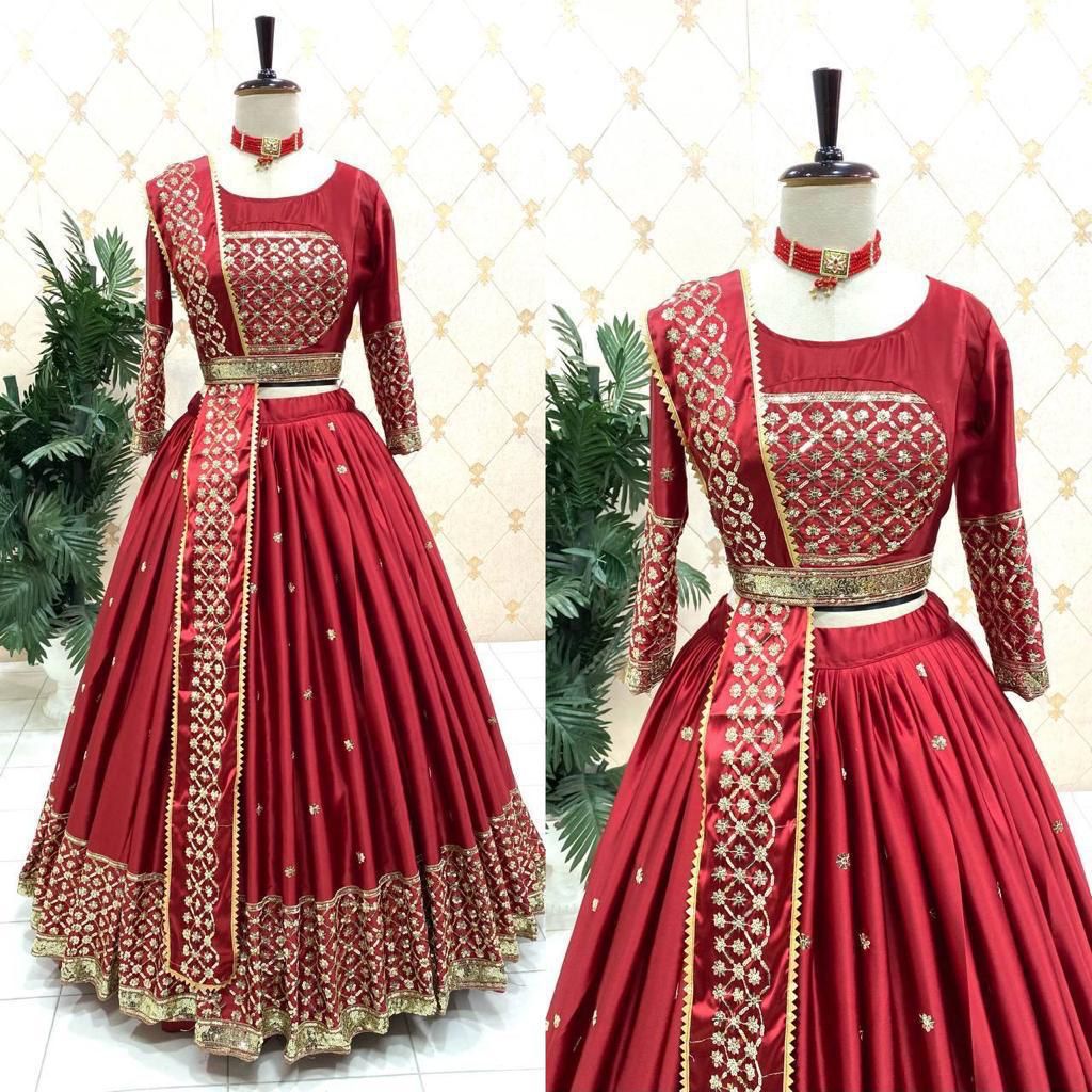 Malay Satin Silk Lehenga Set with Sequin Embroidery
