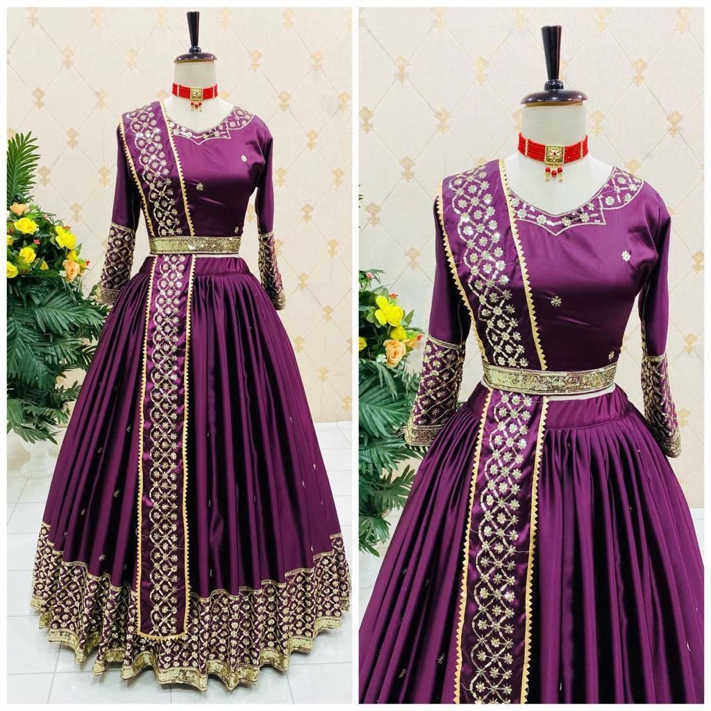 Malay Satin Silk Lehenga Set with Sequin Embroidery