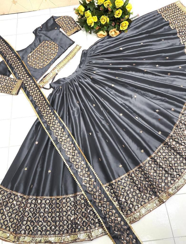 Malay Satin Silk Lehenga Set with Sequin Embroidery