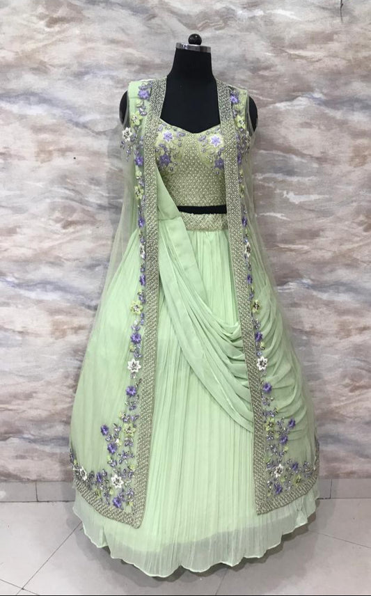 Embellished Georgette Lehenga with Attached Dupatta & Shrug