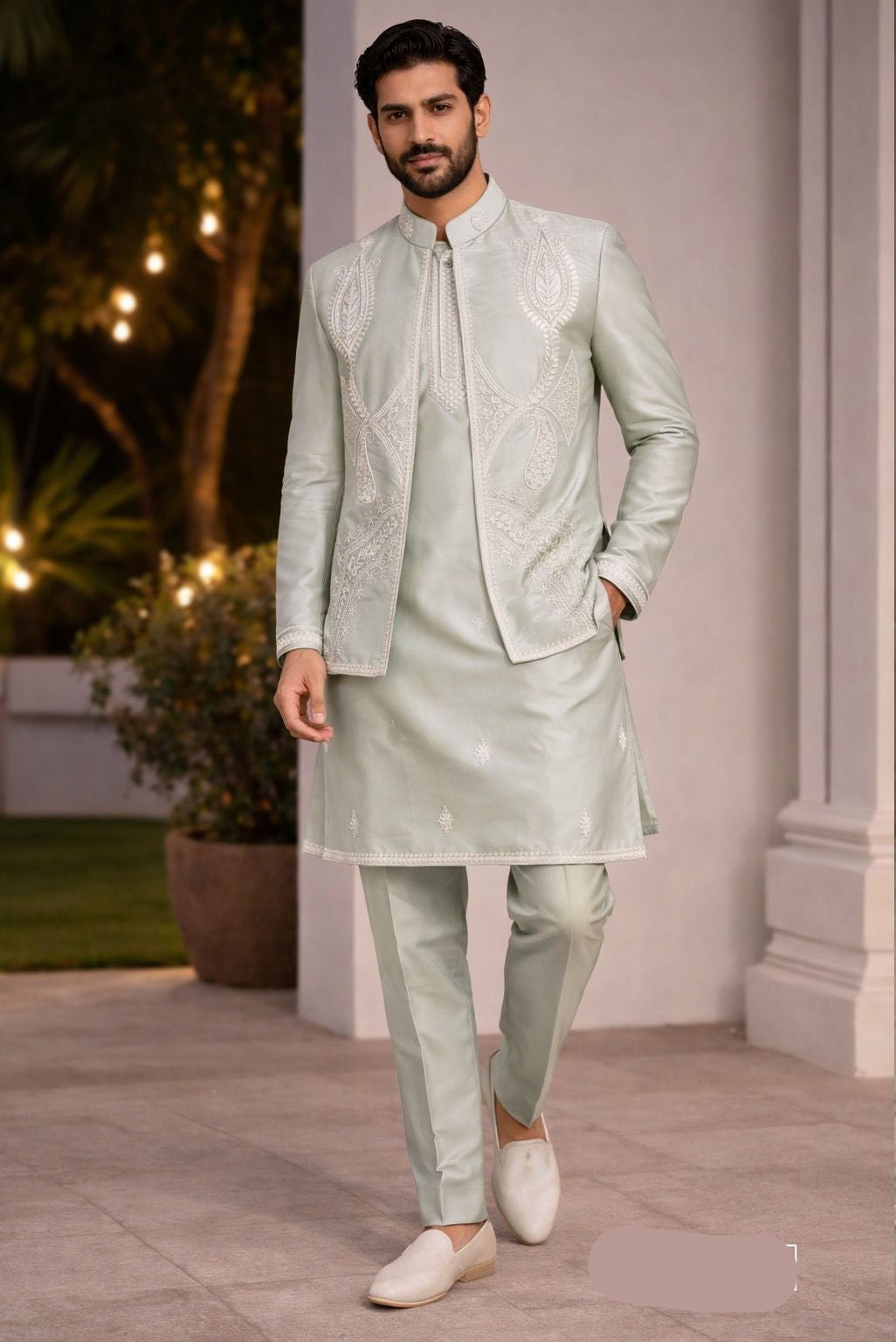 Men’s 3-Piece Malai Satin Kurta Set Mint Green