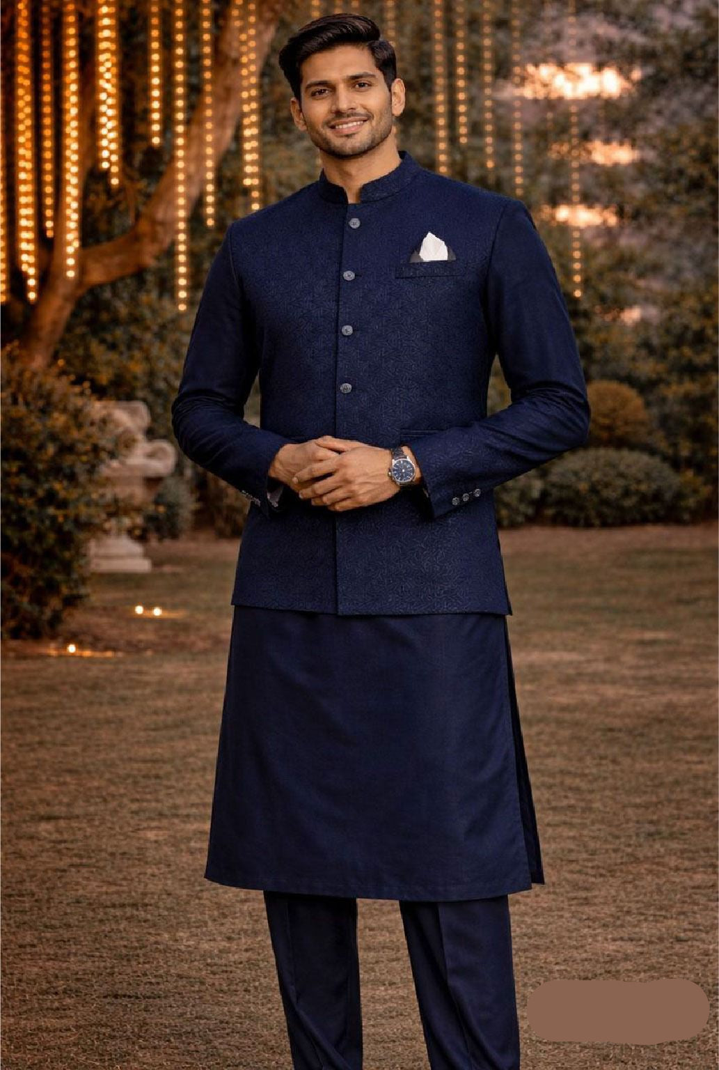 3-Piece Navy Satin Silk & Jacquard Kurta Set