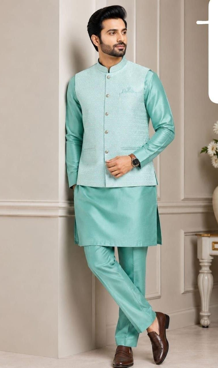 3-Piece Turquoise Silk & Jacquard Kurta Set