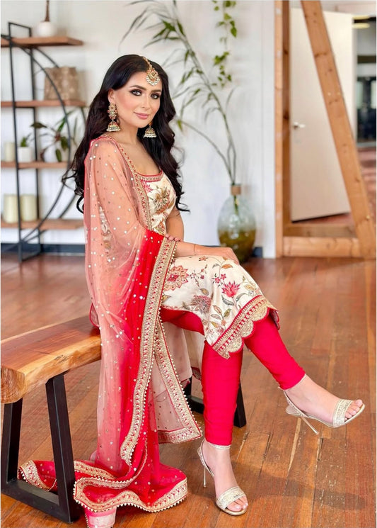 Off-White Floral Georgette Shalwar Kameez Set (Unstitched)