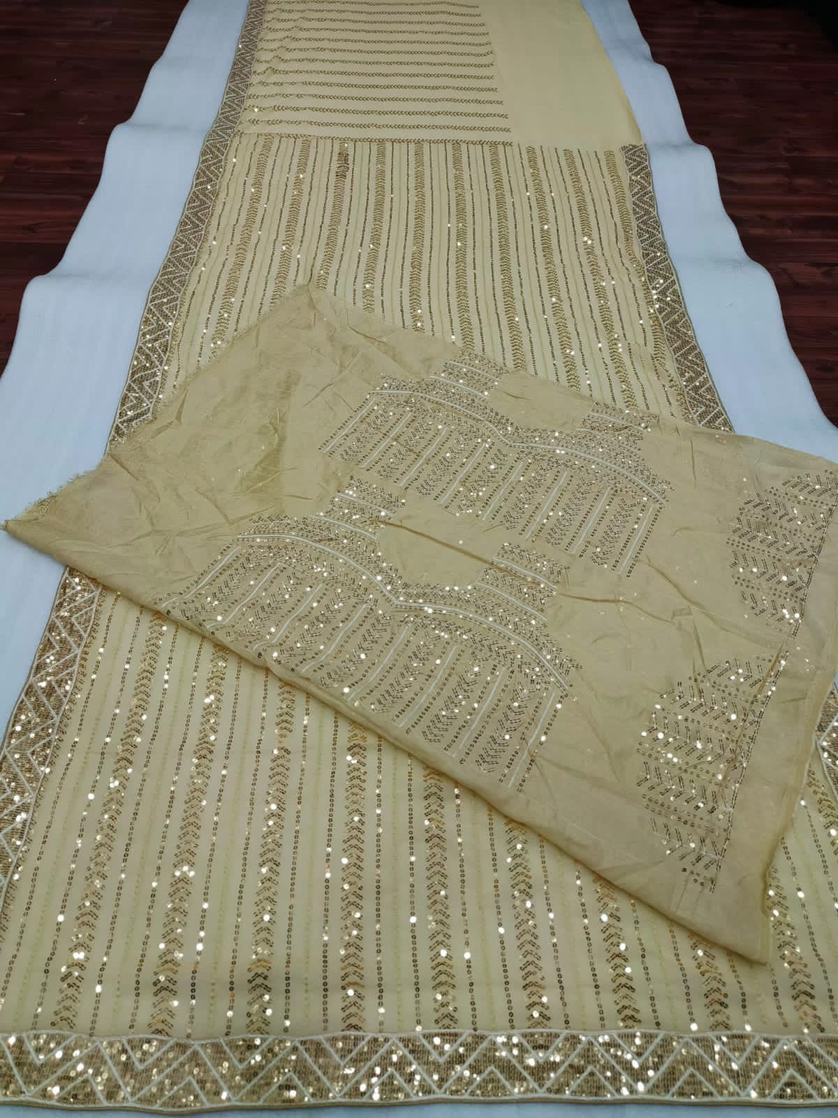 Beige Georgette Heavy Sequined Saree