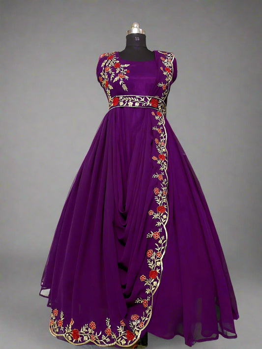 Anarkali Gown with Attached Dupatta & Embroidered Belt