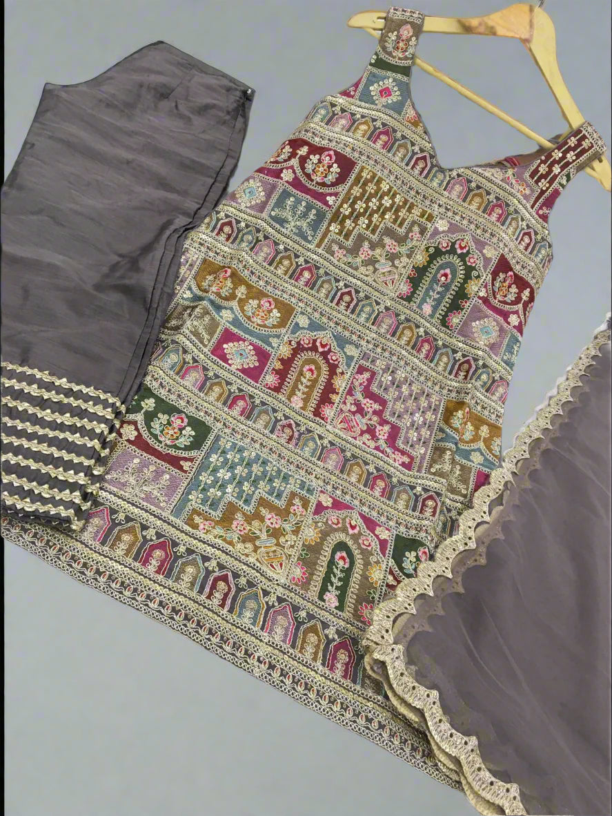 Vibrant Elegance: Ready-Made Embroidered Straight Pant Suit