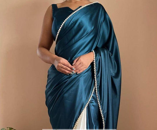 Satin Teal & White Saree with Pearl Detail
