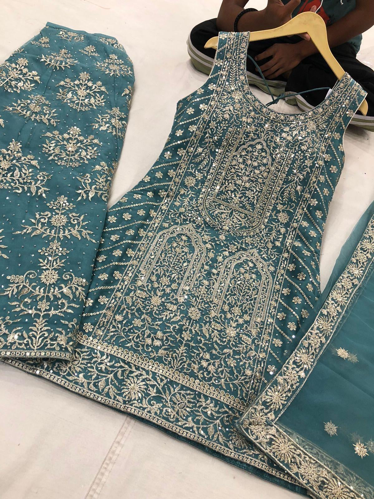 Dazzling Heavily Embroidered Palazzo Set