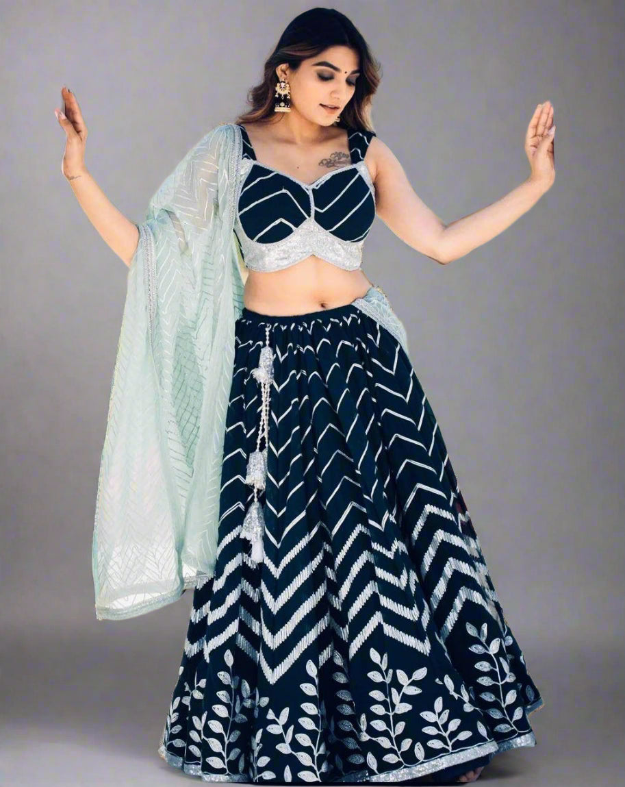 Navy Blue Semi-Stitched Lehenga with Silver Embroidery