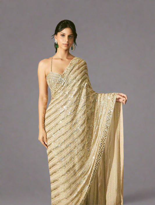 Beige Georgette Heavy Sequined Saree