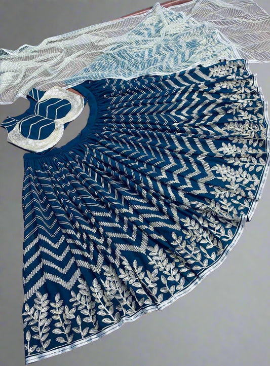 Navy Blue Semi-Stitched Lehenga with Silver Embroidery