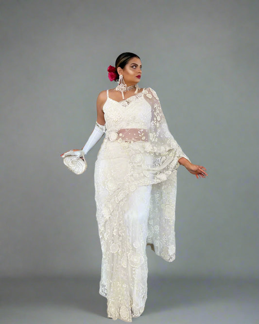 White Soft Net Saree with Lace-Style Embroidery