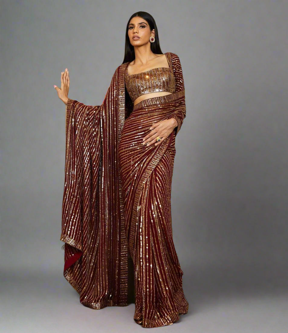 Striped Sequin Saree (Deep Red)