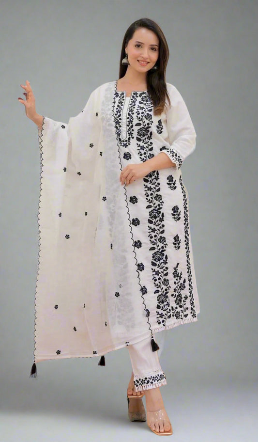 White Cotton Silk & Black Muslin Embroidery 3-Piece Set (Unstitched)