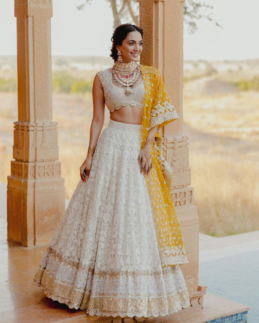 White Lehenga with Contrast Dupatta