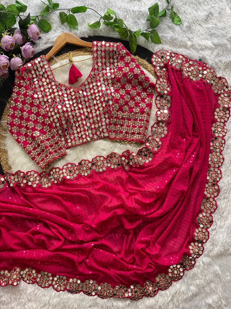 Heavy Faux Georgette Saree with 5mm Sequin & Mirror Work – Designer Party Wear Saree with Stitched Embroidered Blouse