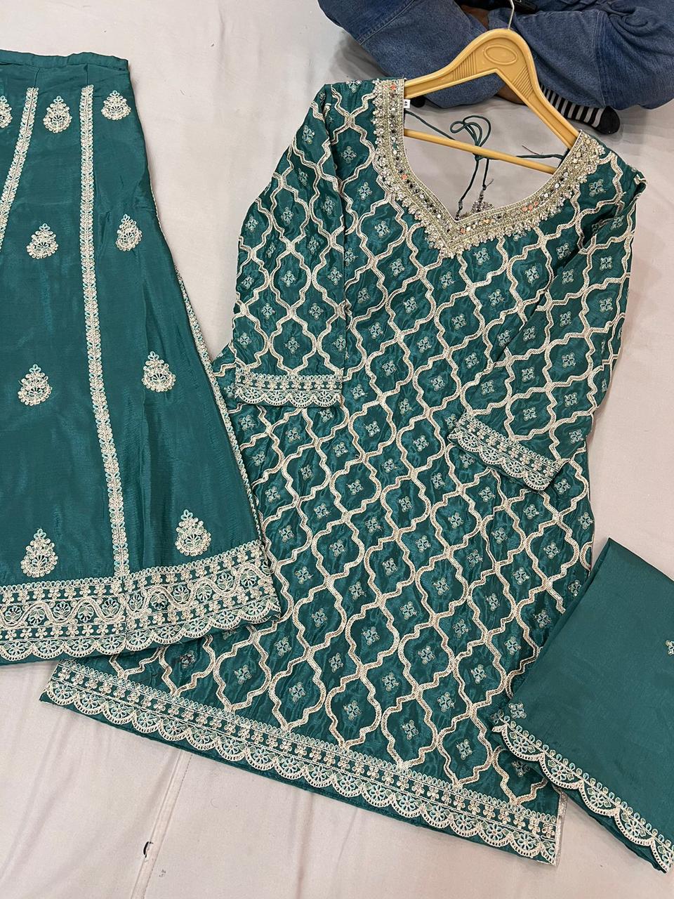 Chinon Palazzo Set with Intricate Lattice Embroidery