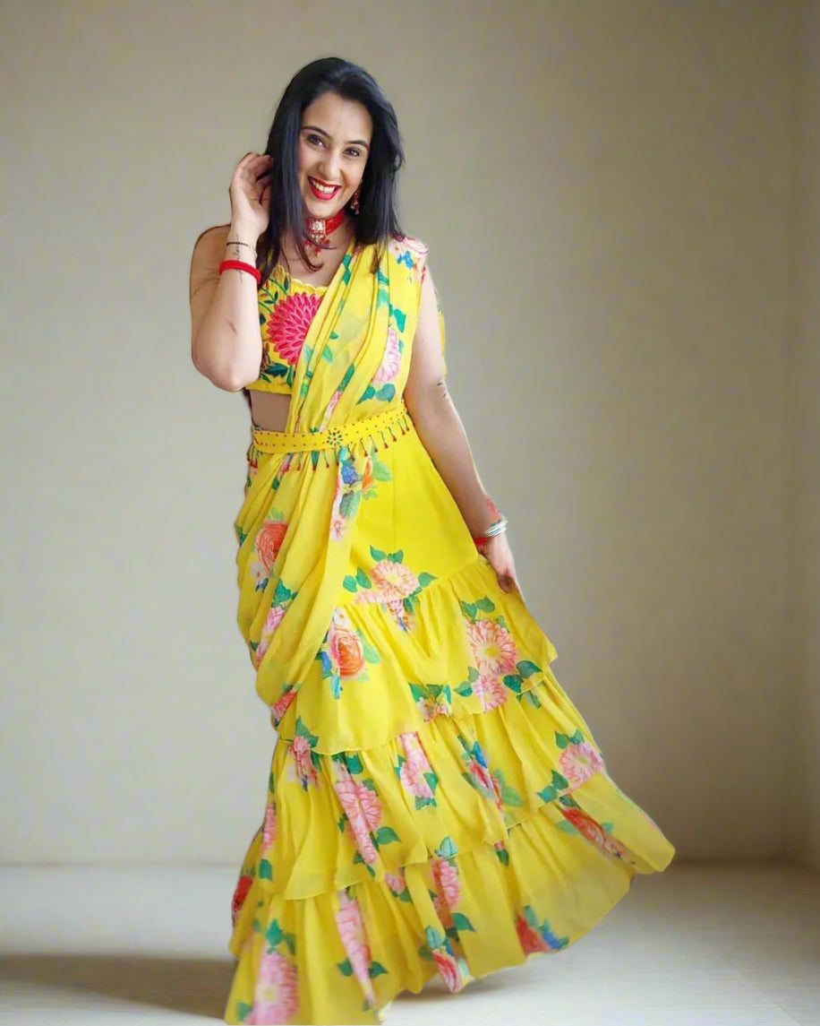 Bright Floral Ruffle Saree (Ready-Made)