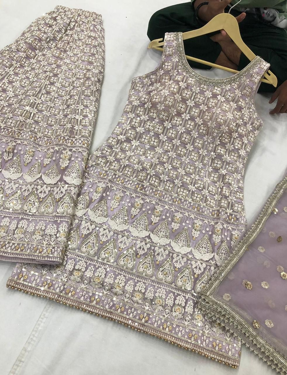 Embroidered Georgette Shalwar Suit with Sequins & Palazzo Pants