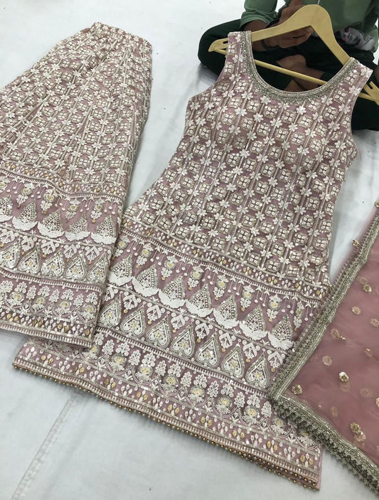 Embroidered Georgette Shalwar Suit with Sequins & Palazzo Pants
