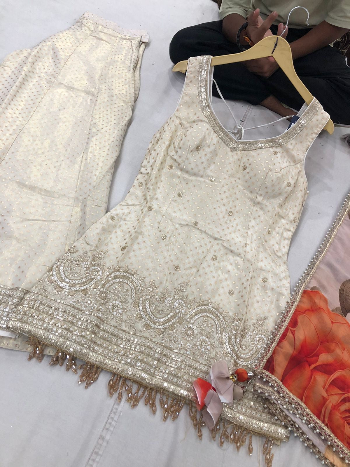 Off-White Georgette Palazzo Shalwar Set with Colorful Dupatta