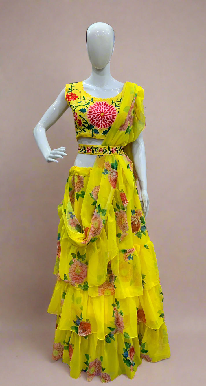 Bright Floral Ruffle Saree (Ready-Made)