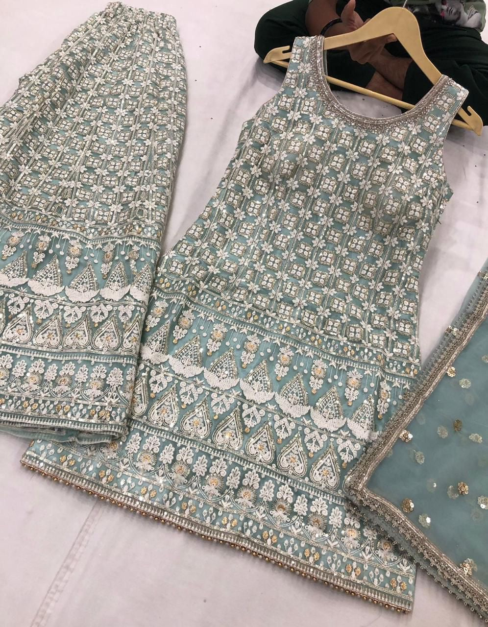 Embroidered Georgette Shalwar Suit with Sequins & Palazzo Pants