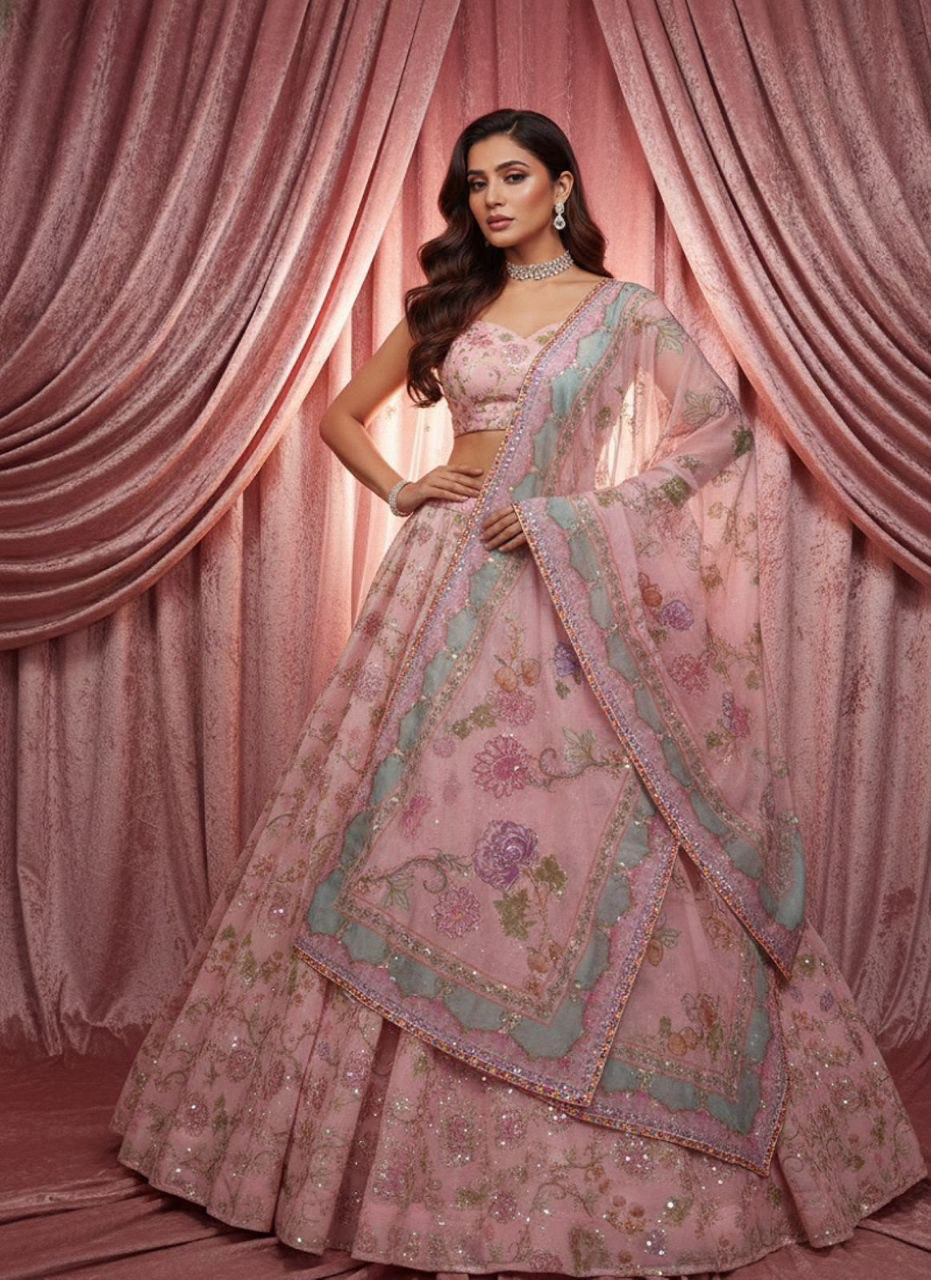 Pink Petals Semi-Stitched Lehenga