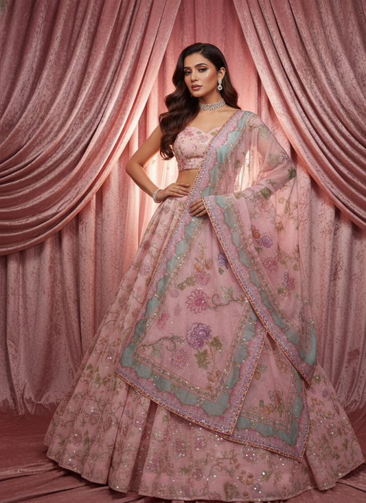 Pink Petals Semi-Stitched Lehenga