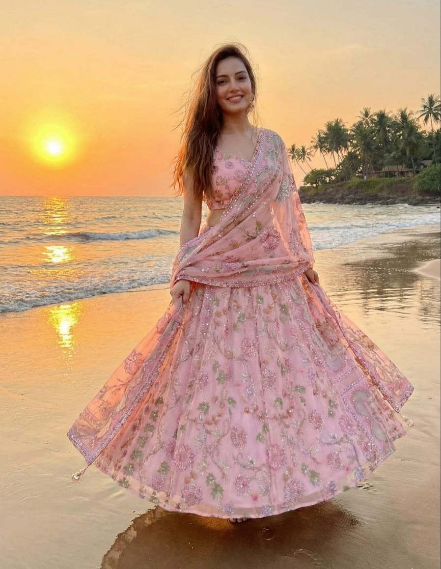 Pink Petals Semi-Stitched Lehenga