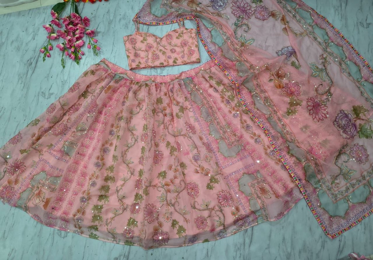 Pink Petals Semi-Stitched Lehenga
