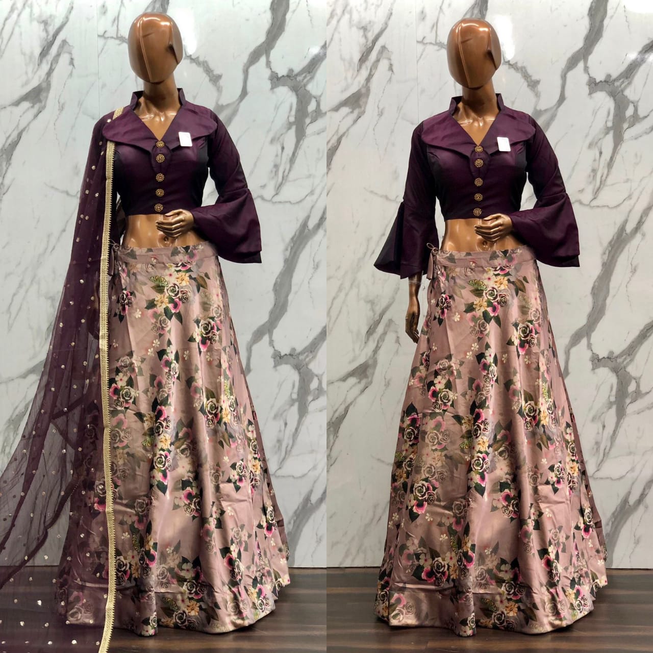 Modern Satin Lehenga with Florals & Bell Sleeves